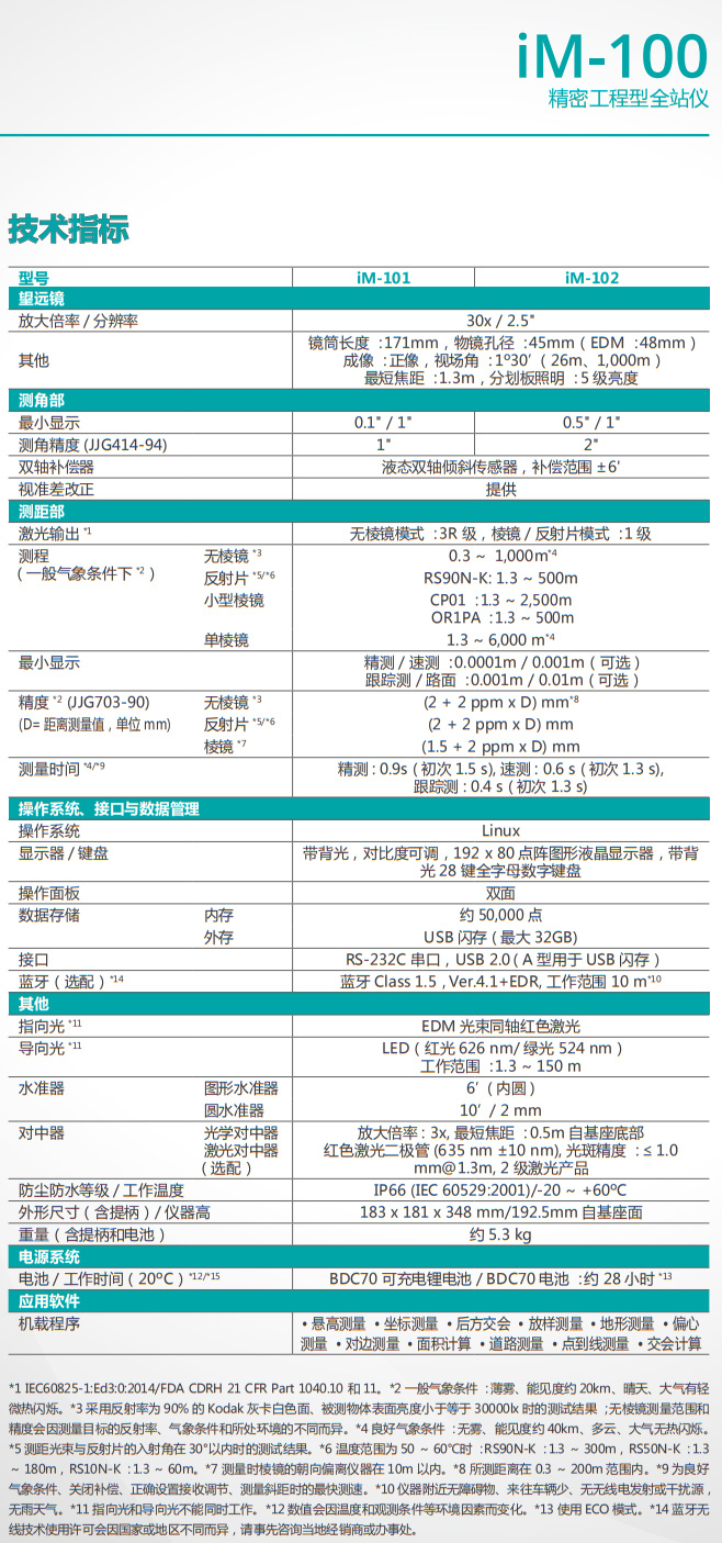 索佳IM-101/IM-102全站儀參數(shù)
